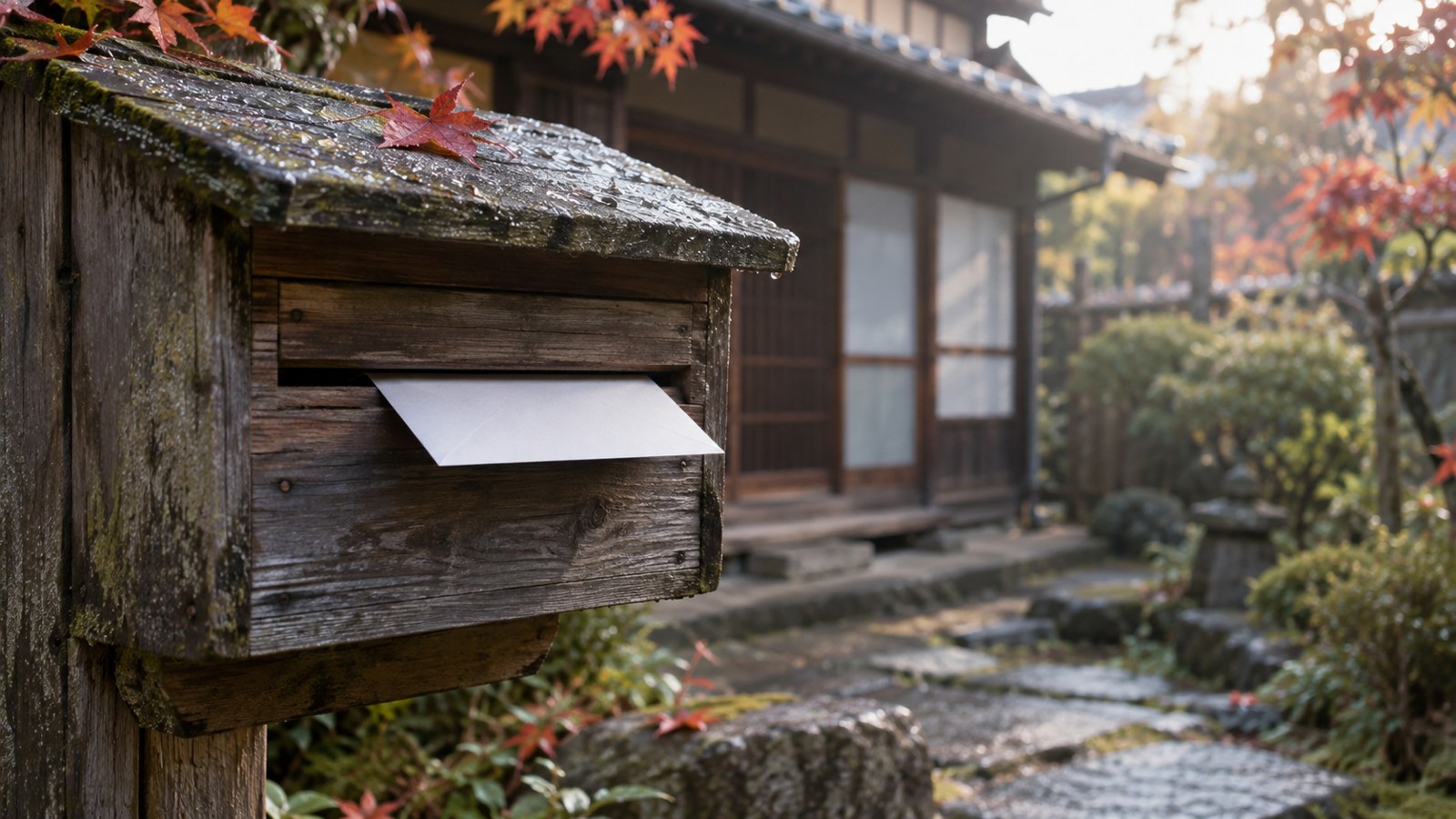 秋の朝、木の郵便受けから1通の封筒が少しはみ出している
