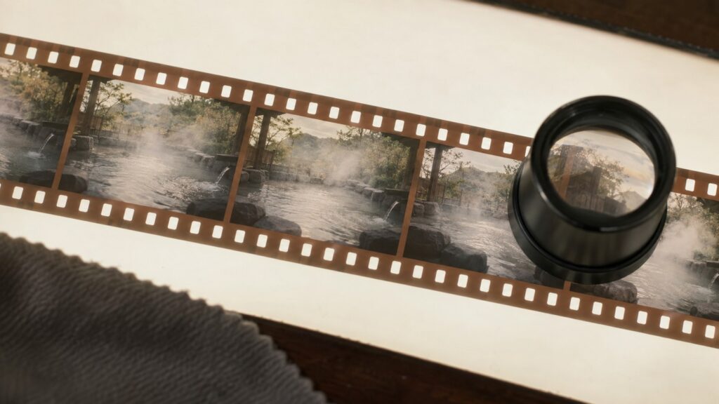 ライトテーブルの上に並んだフィルムのコマとルーペ。どのコマにも少しずつ違う湯けむりが写っている