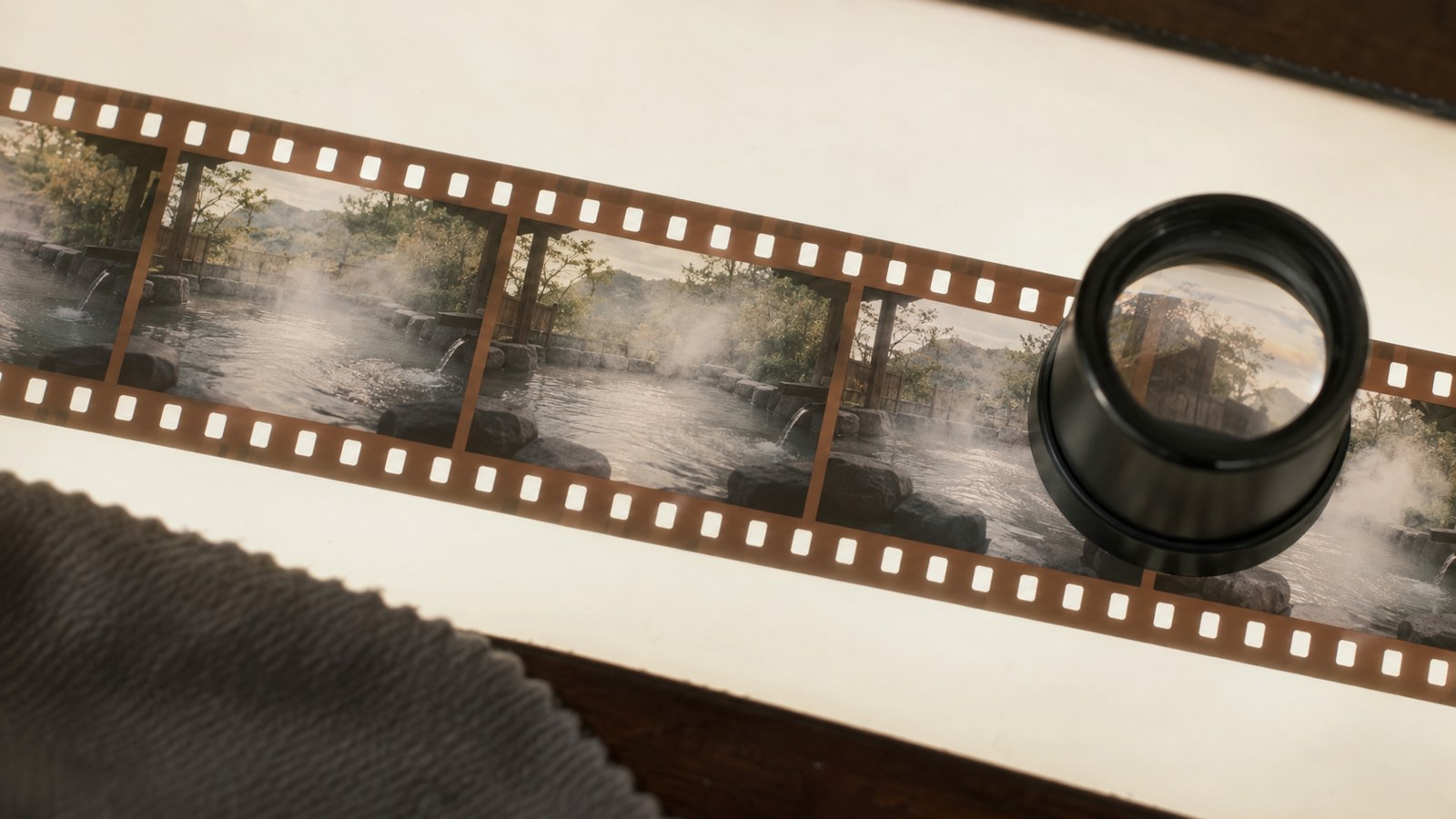 ライトテーブルの上に並んだフィルムのコマとルーペ。どのコマにも少しずつ違う湯けむりが写っている
