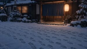 雪の夜、旅館の玄関の前に同じ足跡が何往復も並んでいる