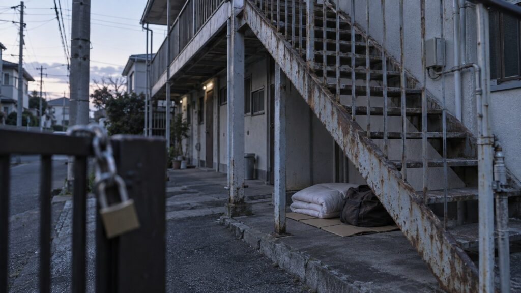 夜明けの古いアパートの外階段。階段下に畳まれた布団と鞄、手前の門扉には新しい南京錠と鎖