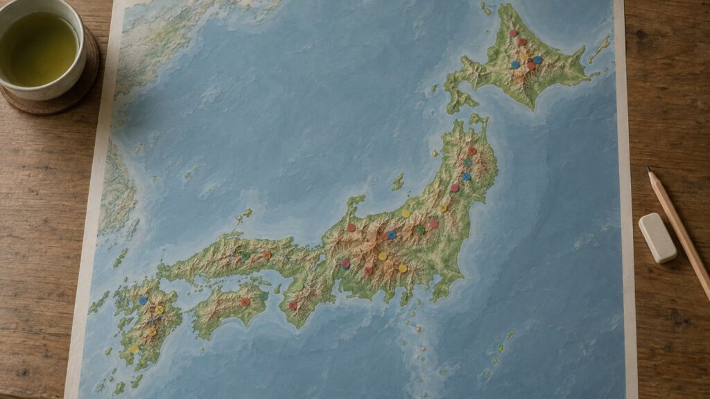 木の机に広げた文字のない日本の白地図。山の場所に色の丸いシールが貼られ、いくつかは鉛筆で消されている