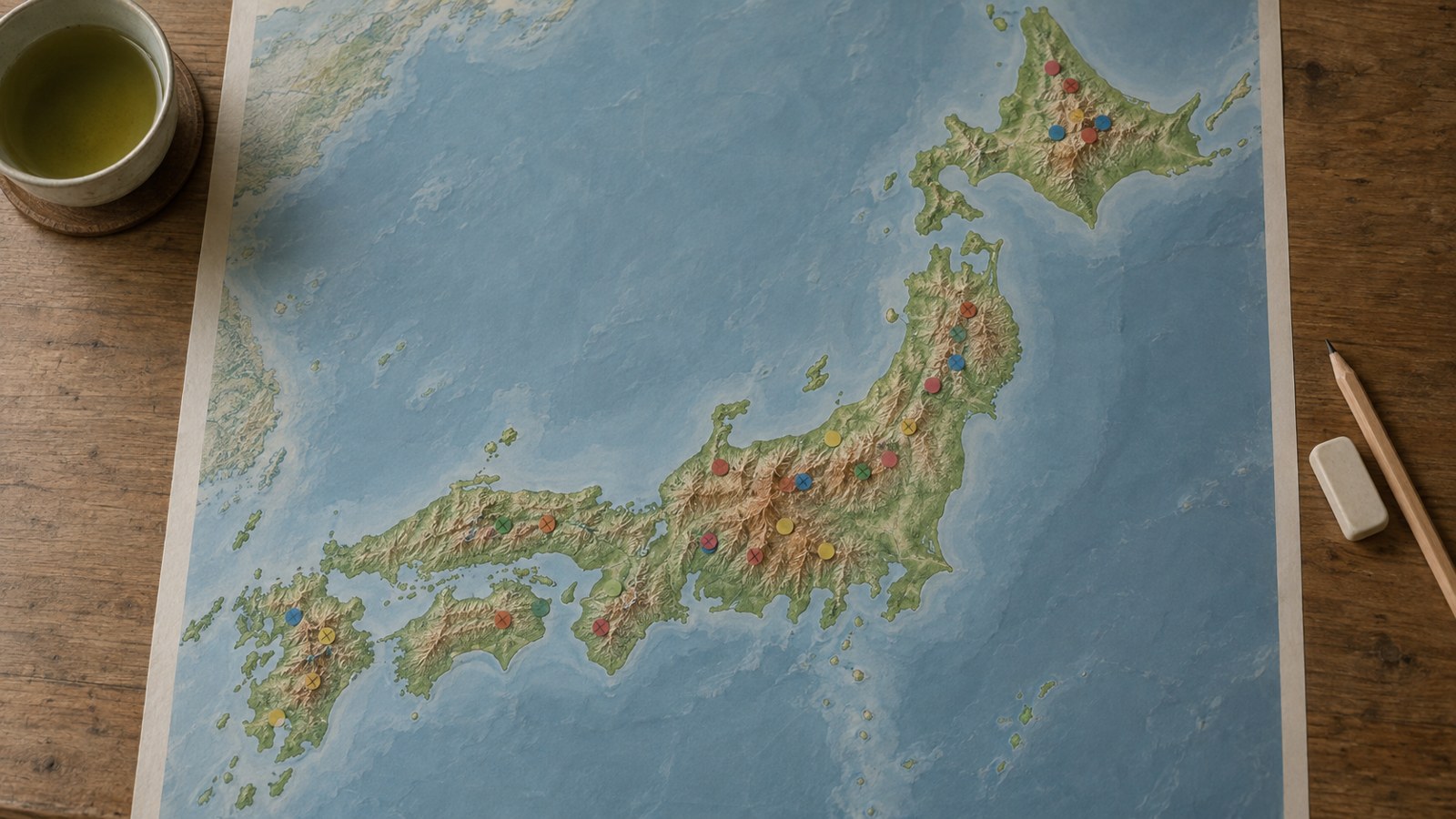 木の机に広げた文字のない日本の白地図。山の場所に色の丸いシールが貼られ、いくつかは鉛筆で消されている