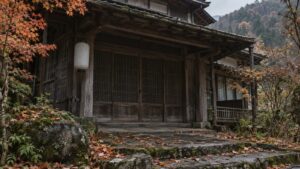 秋の山あいの古い木造旅館の入口。戸は閉まり、提灯は消え、石段に落ち葉がたまっている