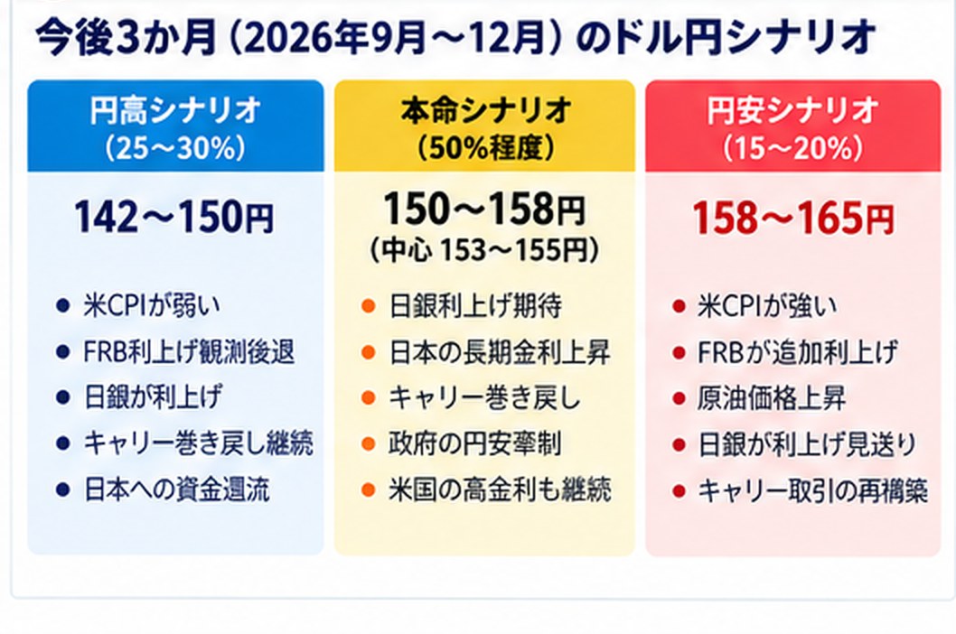 今後3か月(2026年9月〜12月)の3シナリオ