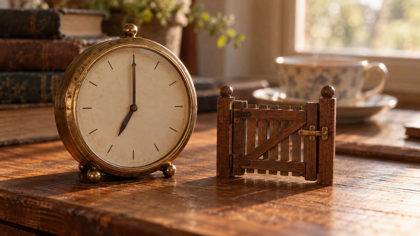 朝の光が差す木の机の上に置かれた、7時を指す古い真鍮の置き時計と、閉じたままの小さな木の門