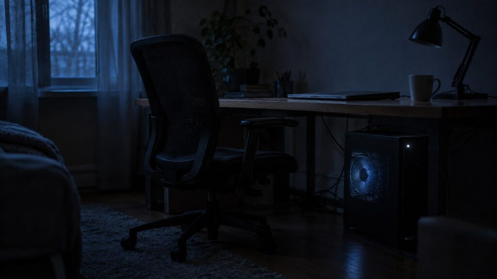 夜中の暗い部屋で、机の下のパソコンだけが小さく光り、ファンが回っている