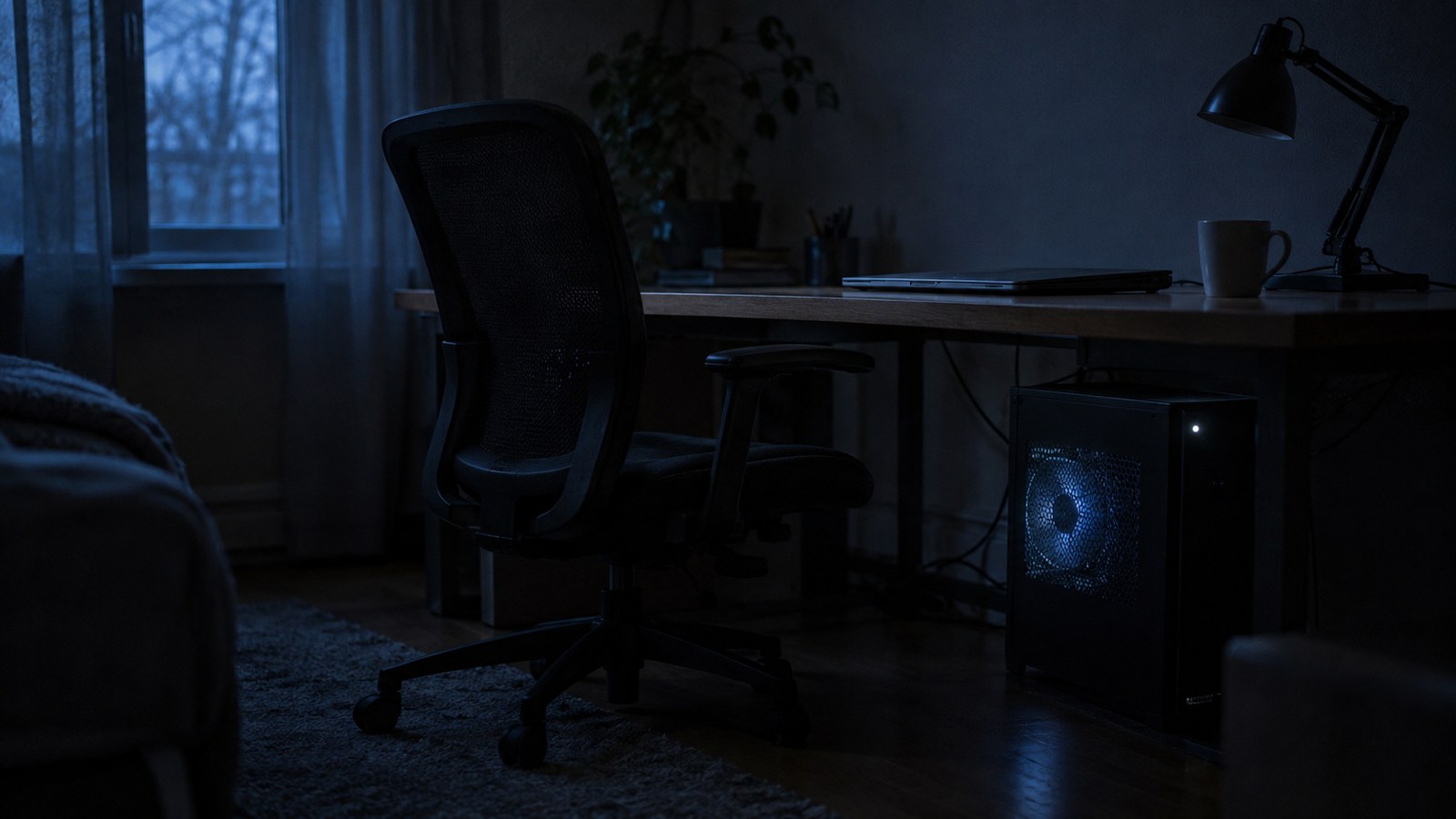 夜中の暗い部屋で、机の下のパソコンだけが小さく光り、ファンが回っている