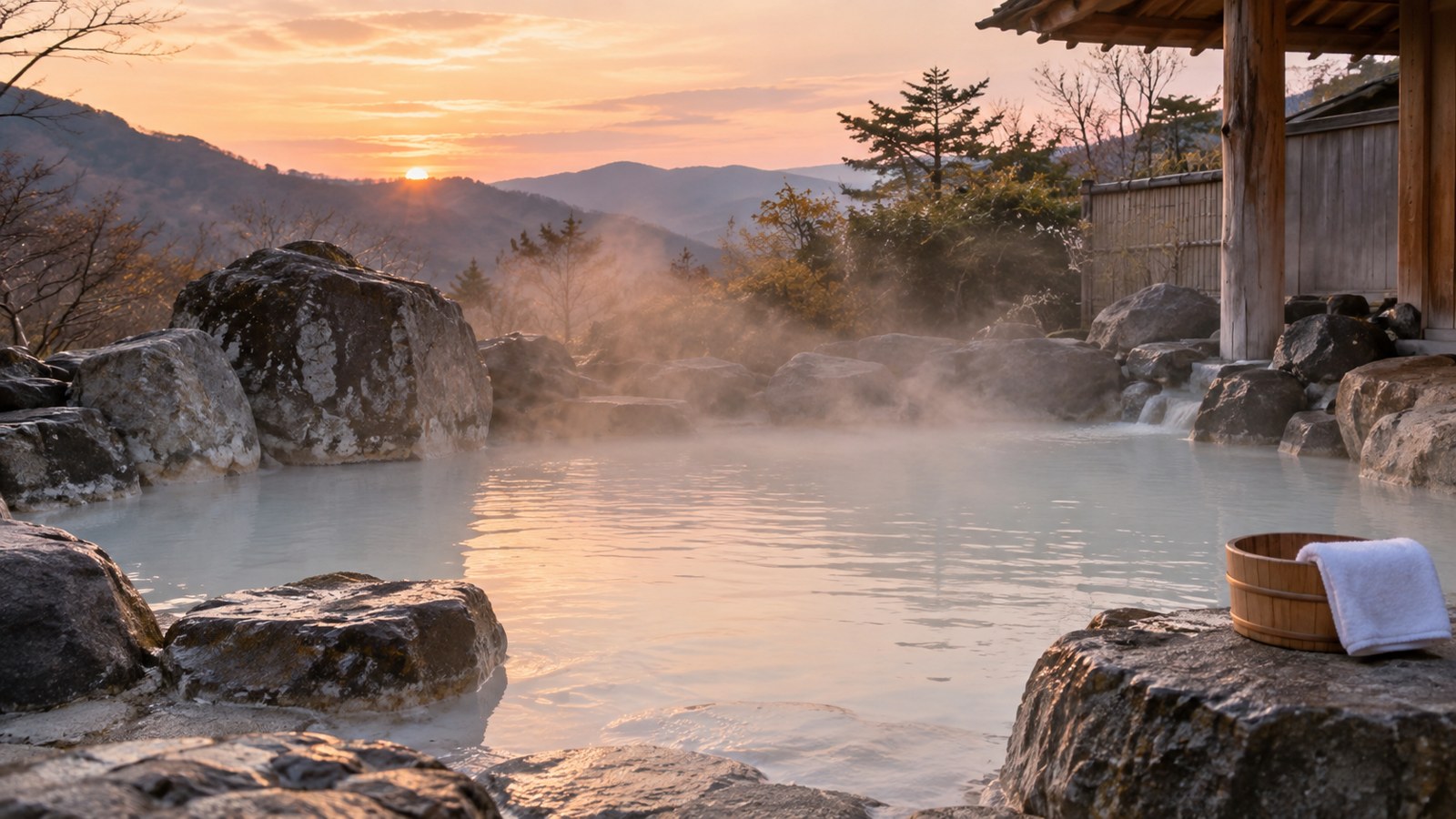 夜明けの山あいの露天風呂。白く濁った湯から湯気が立ち、岩の縁に木の桶とたたんだタオルが置いてある
