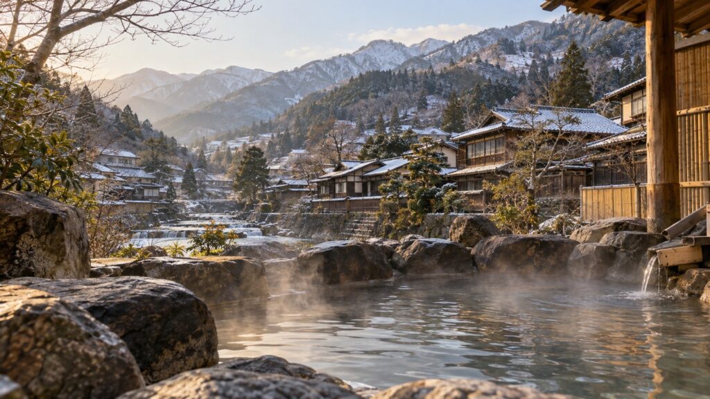 雪の少ない山あいの温泉街の朝、湯けむりの向こうに薄く雪をかぶった山が見える