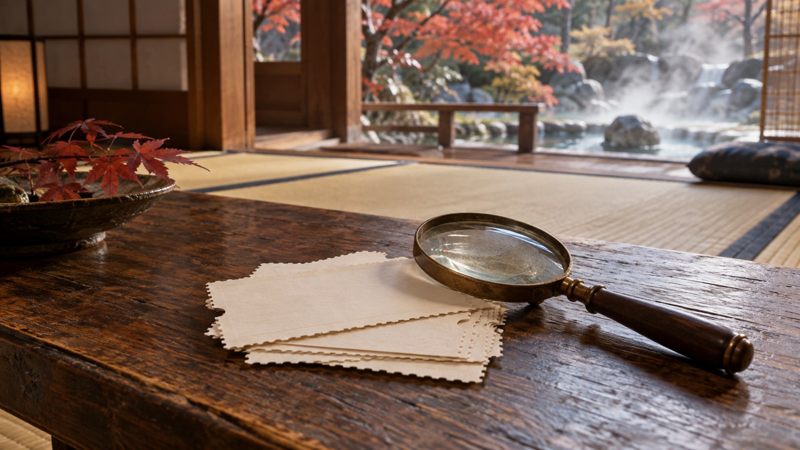 紅葉の見える和室の机に、ミシン目のある白い券の束と虫めがねが置かれている