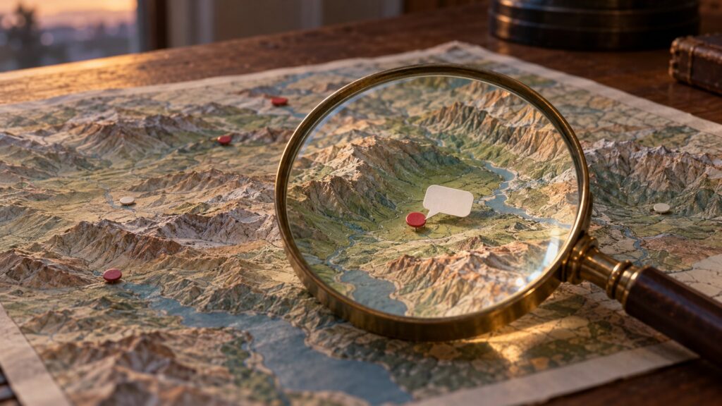 木の机に広げた山あいの紙の地図と、その一部を大きく映す虫めがね、地図に留めた白い吹き出し形の紙