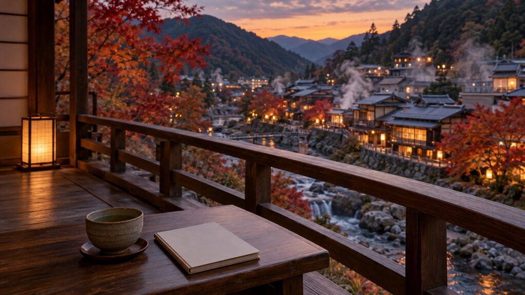 夕暮れの温泉街を見下ろす旅館の縁側で、低い机に湯のみと閉じたノートが置かれている
