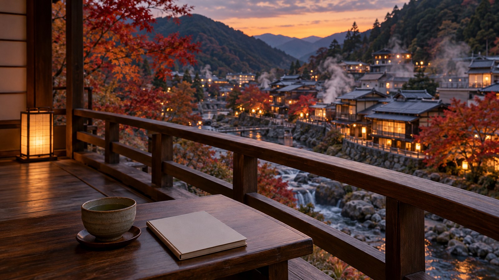 夕暮れの温泉街を見下ろす旅館の縁側で、低い机に湯のみと閉じたノートが置かれている