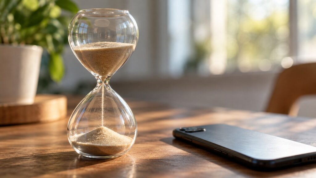 木の机の上で砂が落ちている小さな砂時計と、伏せて置かれたスマートフォン